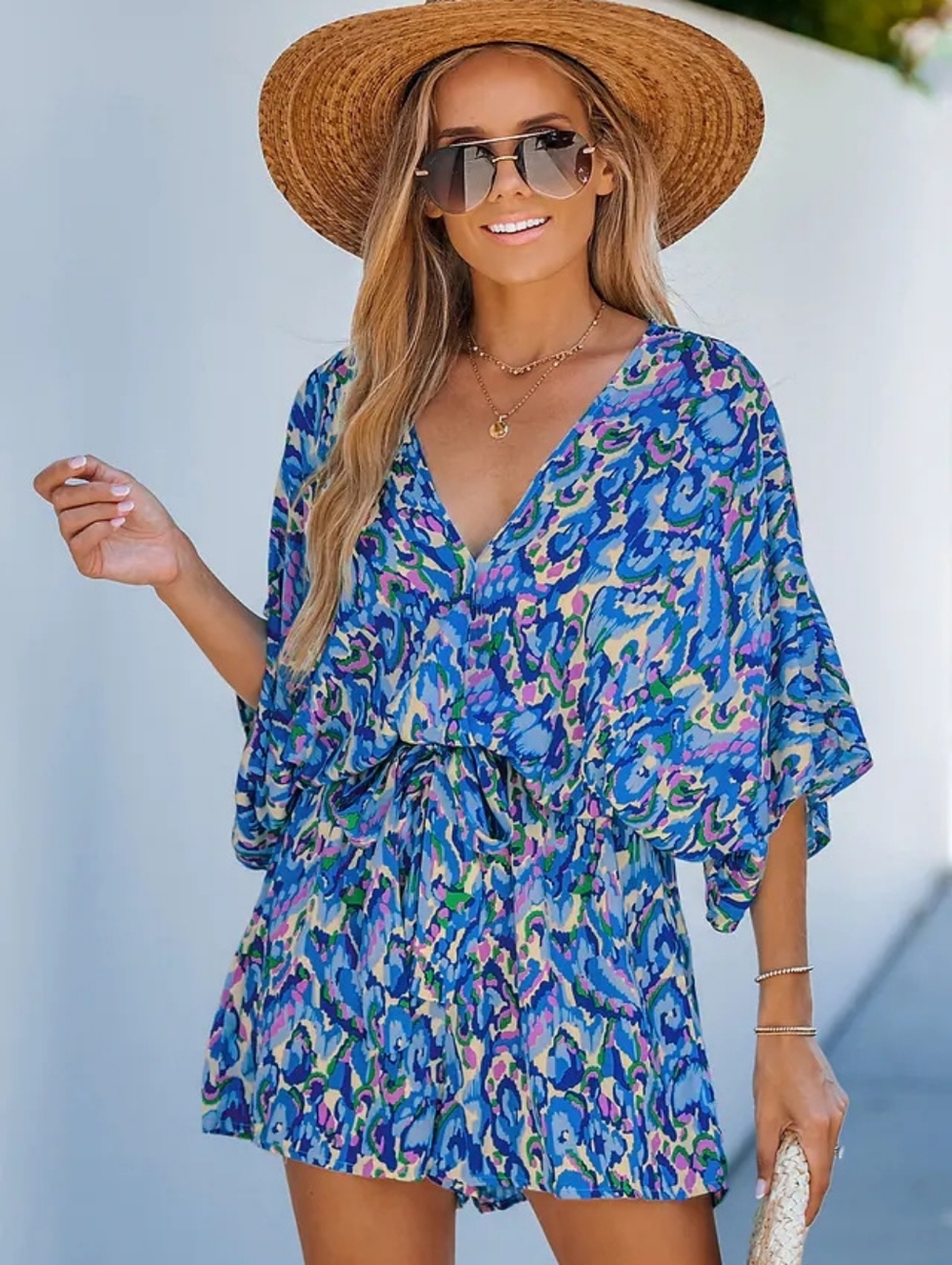 Blue Multicolor Printed V-Neck Women's Romper with Tie Waist